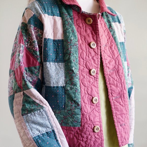 Hand Made Patchwork Quilt Jacket in Pink and Green - Picture 2 of 7
